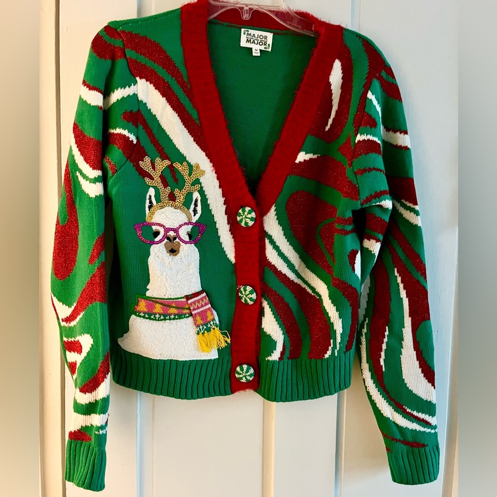 Festive Llama sweater Size Medium by Major Label Group Holiday Cardigan Alpaca